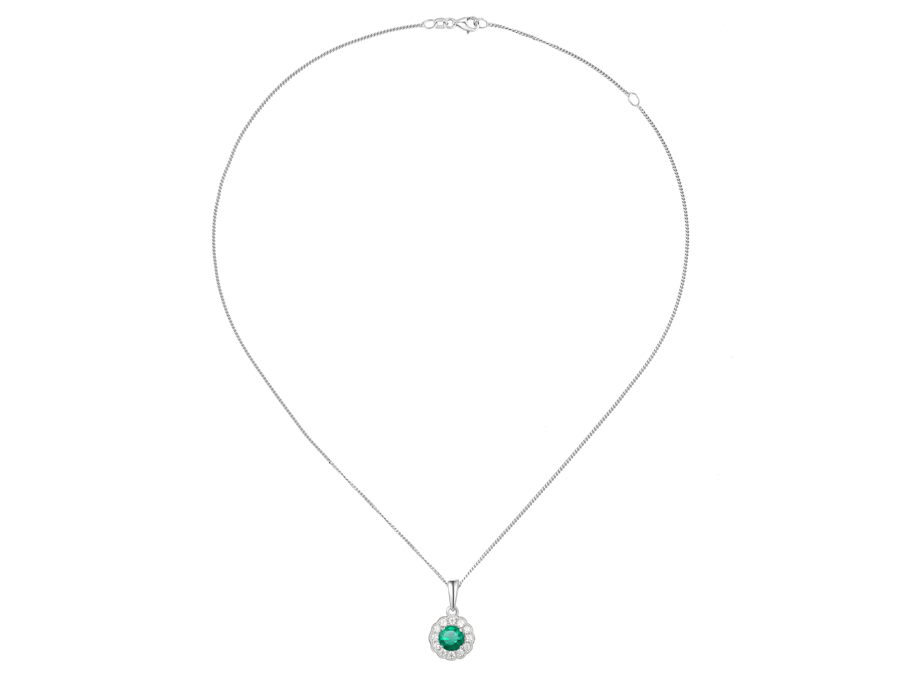 Emerald, Cubic Zirconia and Sterling Silver Cluster Necklace