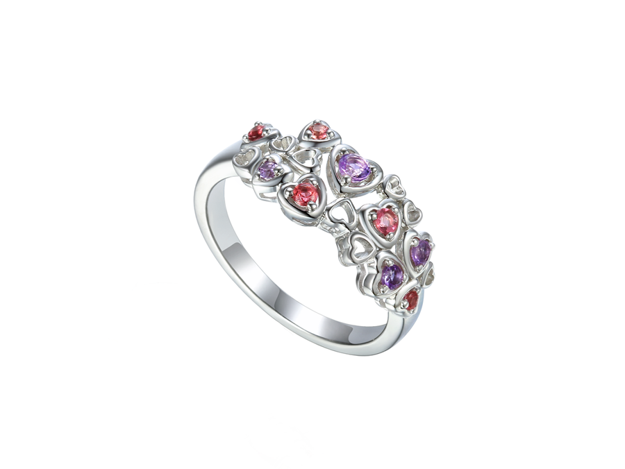 Pink tourmaline and amethyst sterling silver ring, size N
