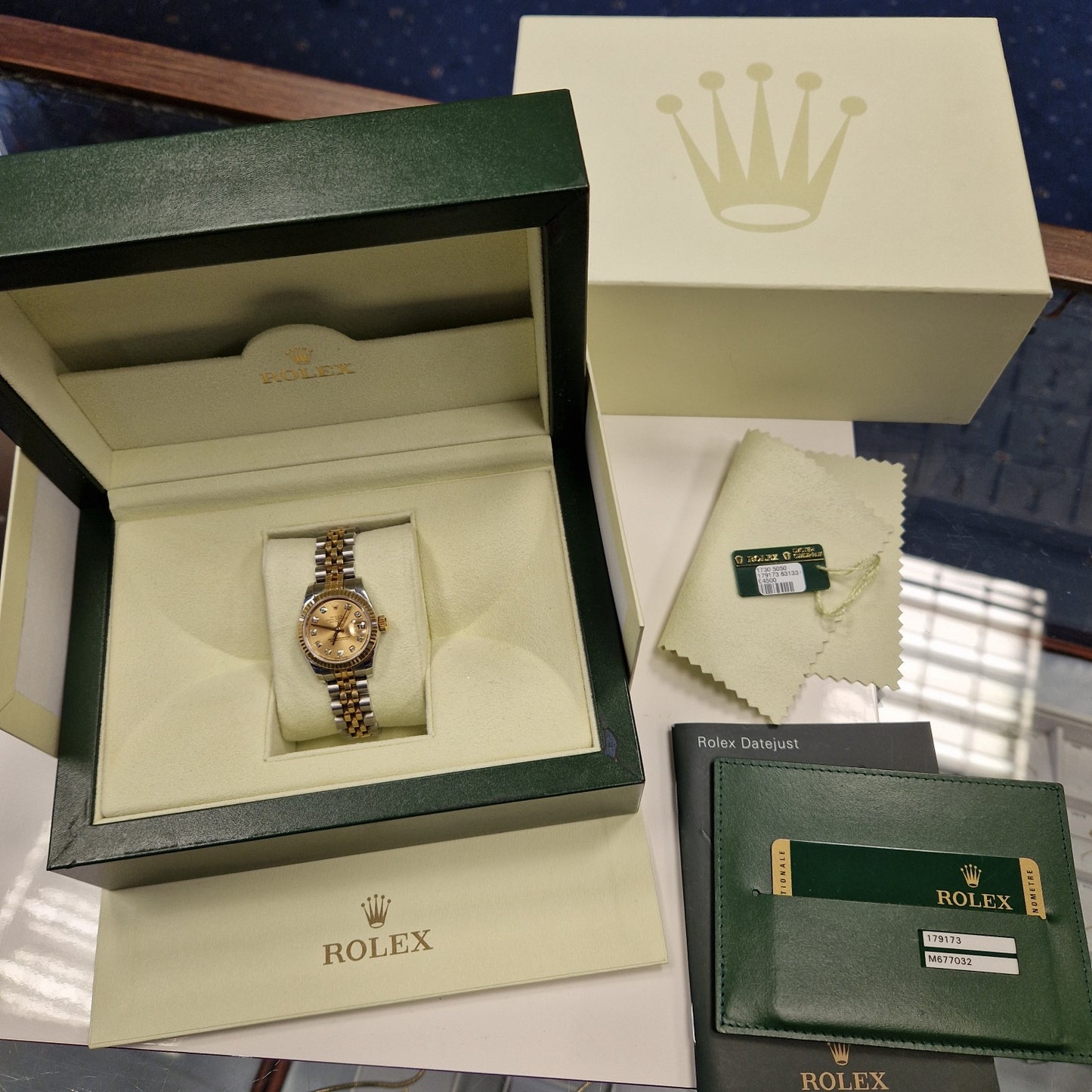 Pre-Owned Rolex Lady Datejust, model 179173 18K Gold & Steel Diamond Dial Full Set