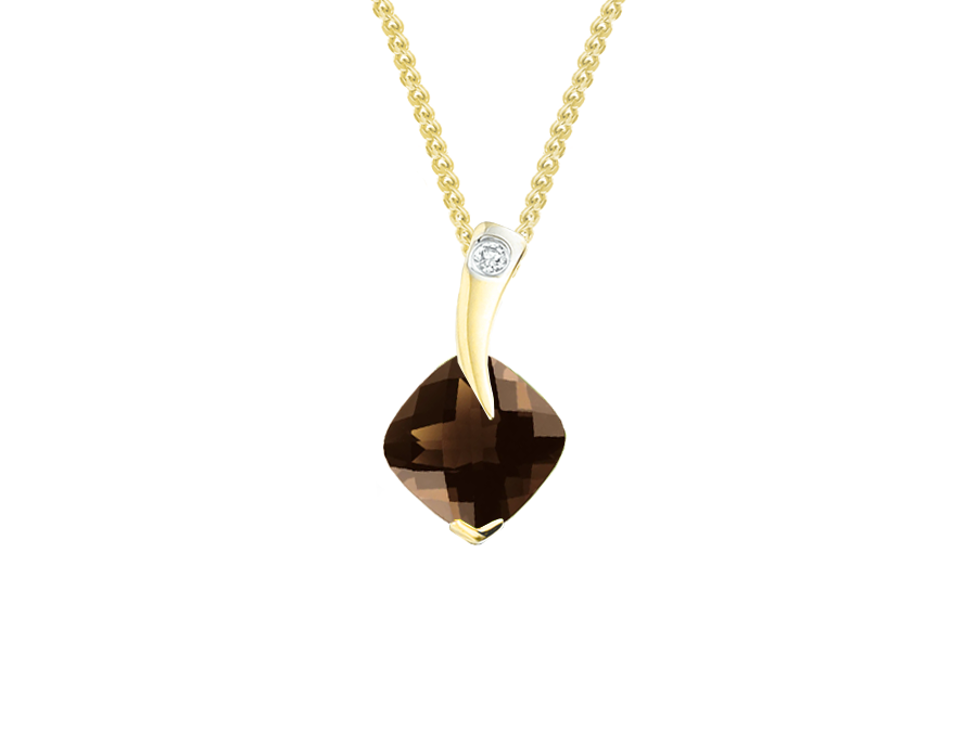 Smokey quartz, diamond and 9ct yellow gold drop necklace