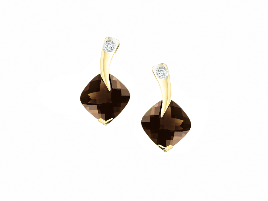 Smokey quartz, diamond and 9ct yellow gold earrings