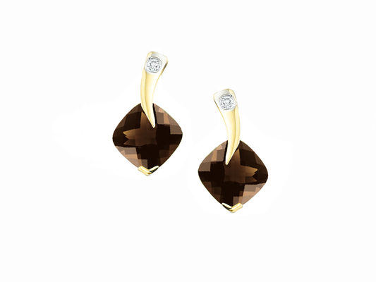 Smokey quartz, diamond and 9ct yellow gold earrings