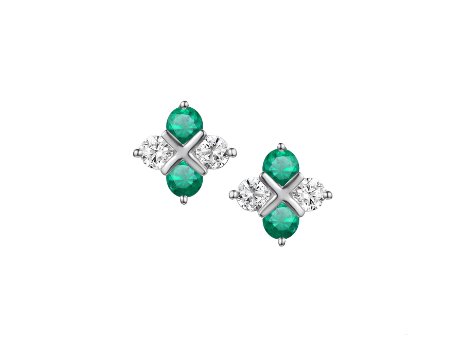 Emerald, Sterling Silver and Cubic Zirconia Stud Earrings