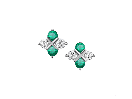 Emerald, Sterling Silver and Cubic Zirconia Stud Earrings