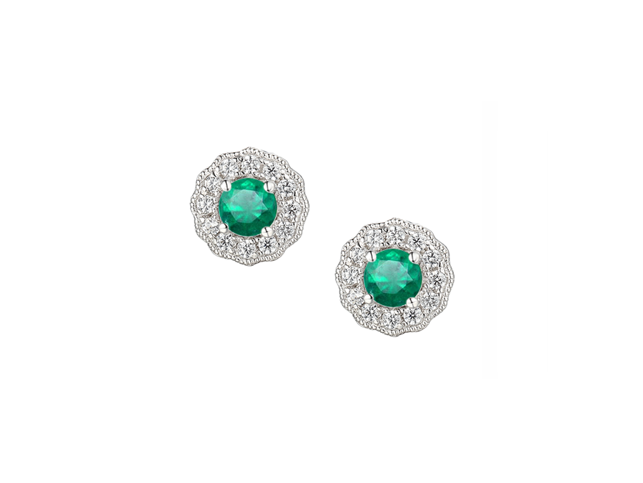 Emerald, Cubic Zirconia and Sterling Silver Stud Earrings