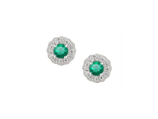 Emerald, Cubic Zirconia and Sterling Silver Stud Earrings