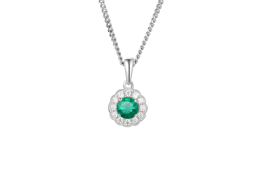 Emerald, Cubic Zirconia and Sterling Silver Cluster Necklace