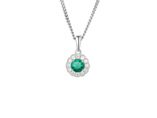 Emerald, Cubic Zirconia and Sterling Silver Cluster Necklace