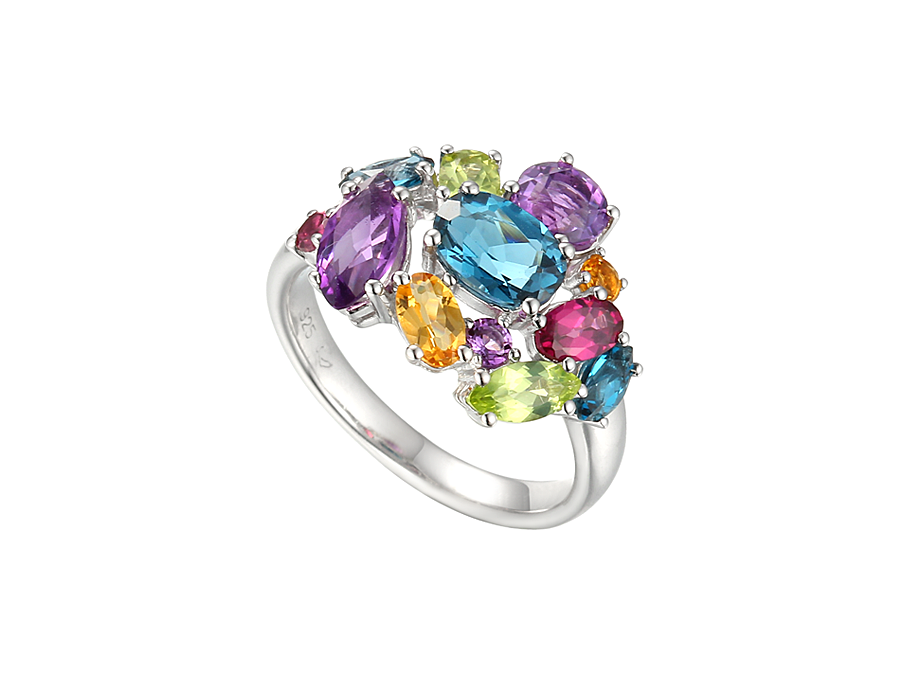 Sterling silver Cocktail ring set with multicoloured gemstones