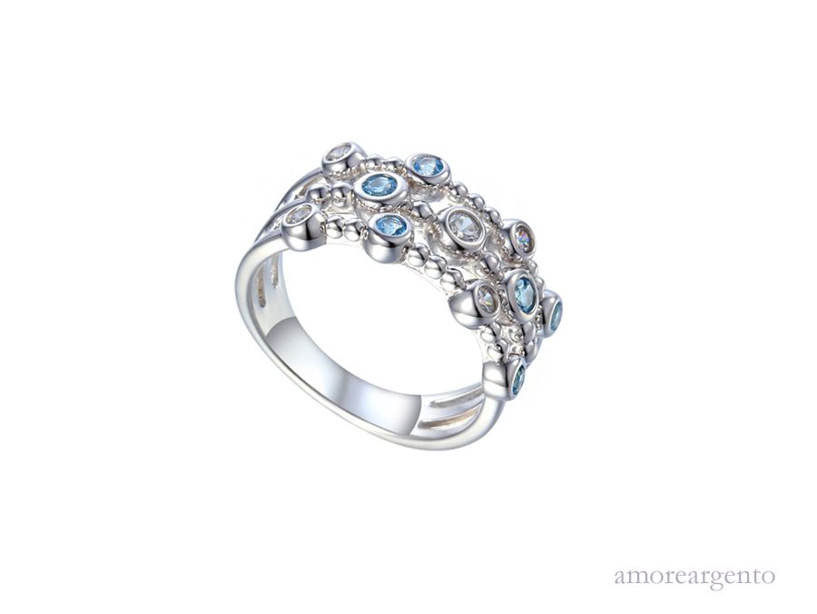 Modern three-row design Blue Topaz and CZ Ring