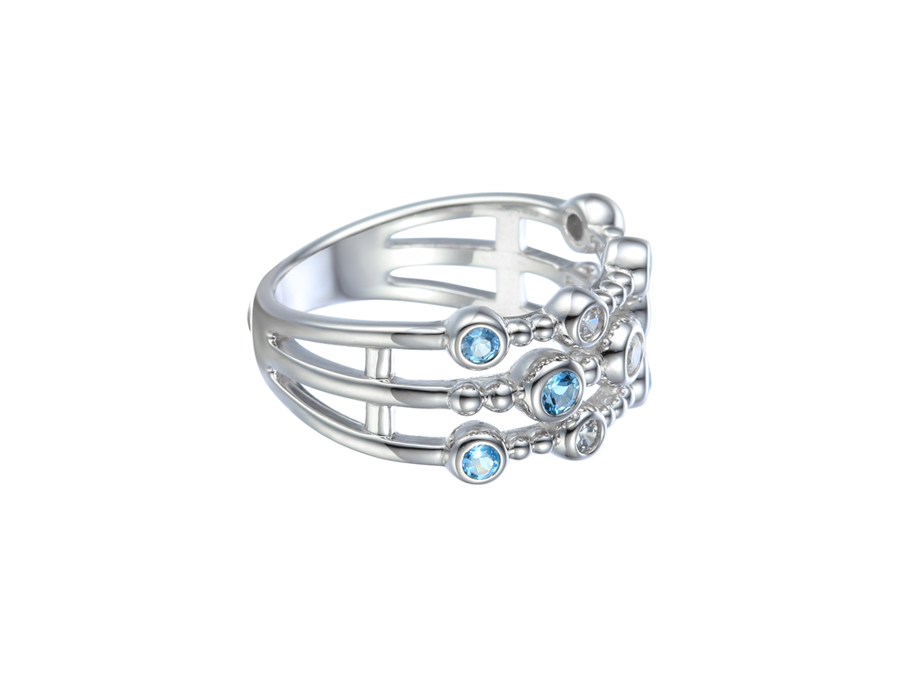 Modern three-row design Blue Topaz and CZ Ring
