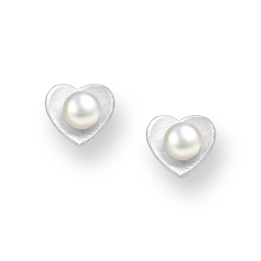 Pearl and Sterling Silver Heart Stud Earrings