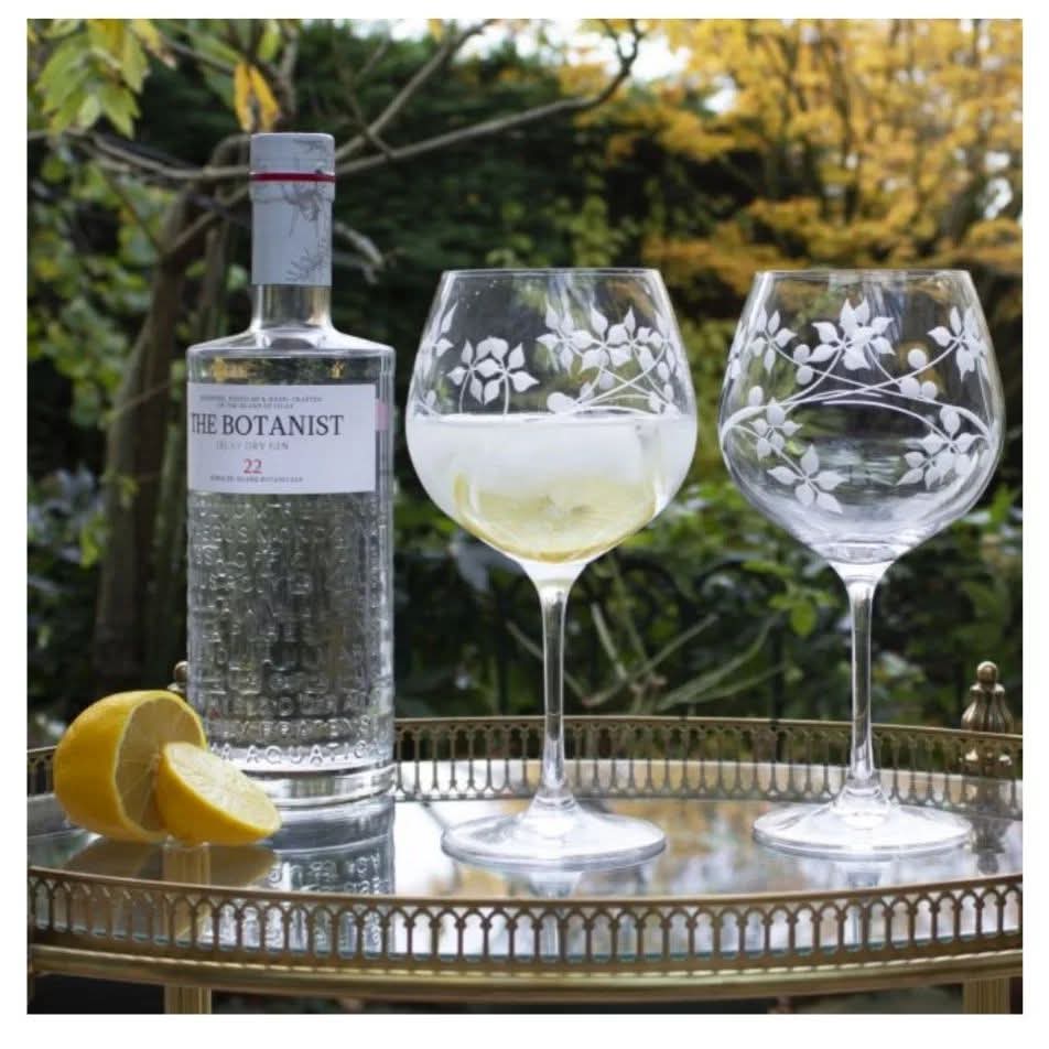 Set of two Royal Scot Crystal Gin Copa Glasses "Juniper" pattern