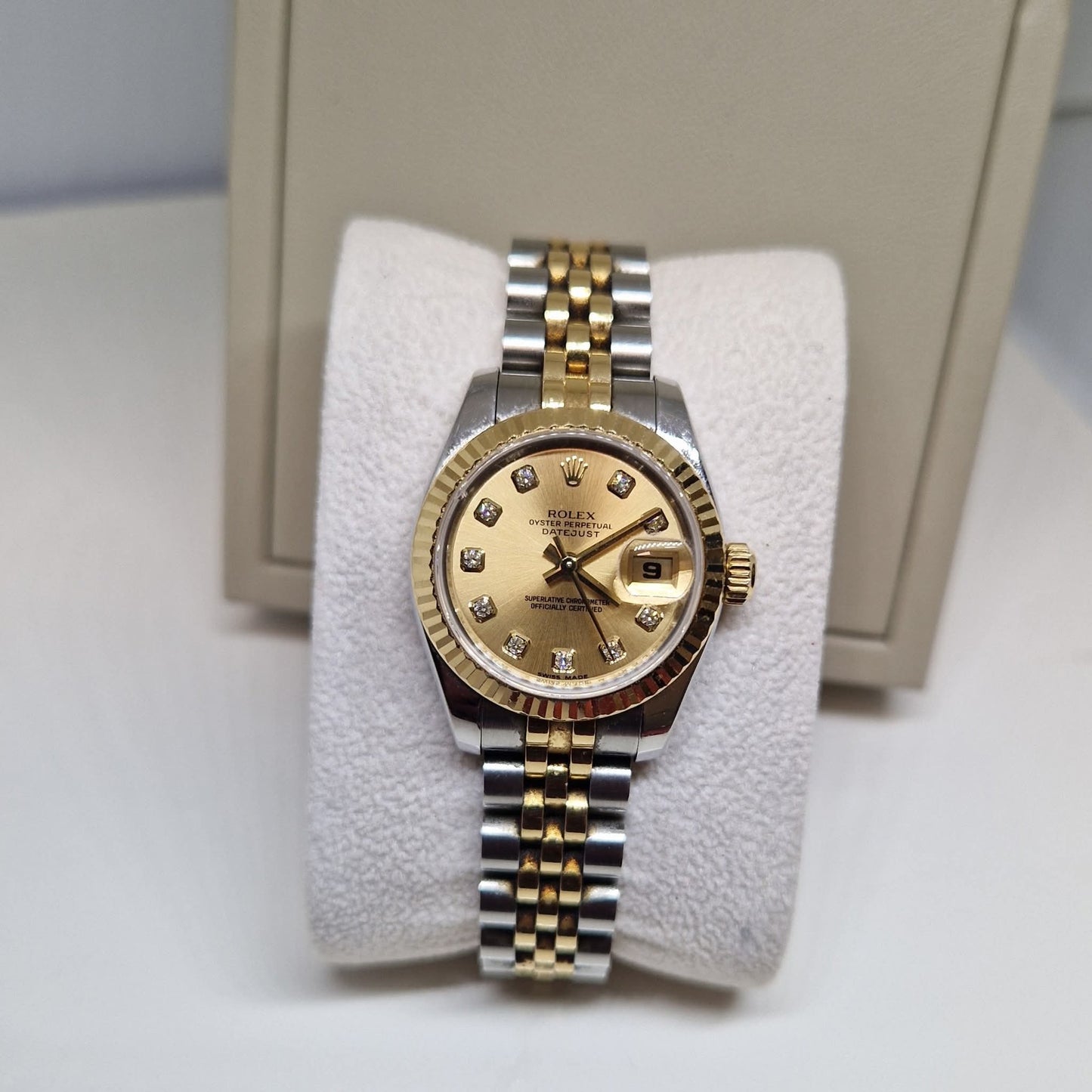 Pre-Owned Rolex Lady Datejust, model 179173 18K Gold & Steel Diamond Dial Full Set